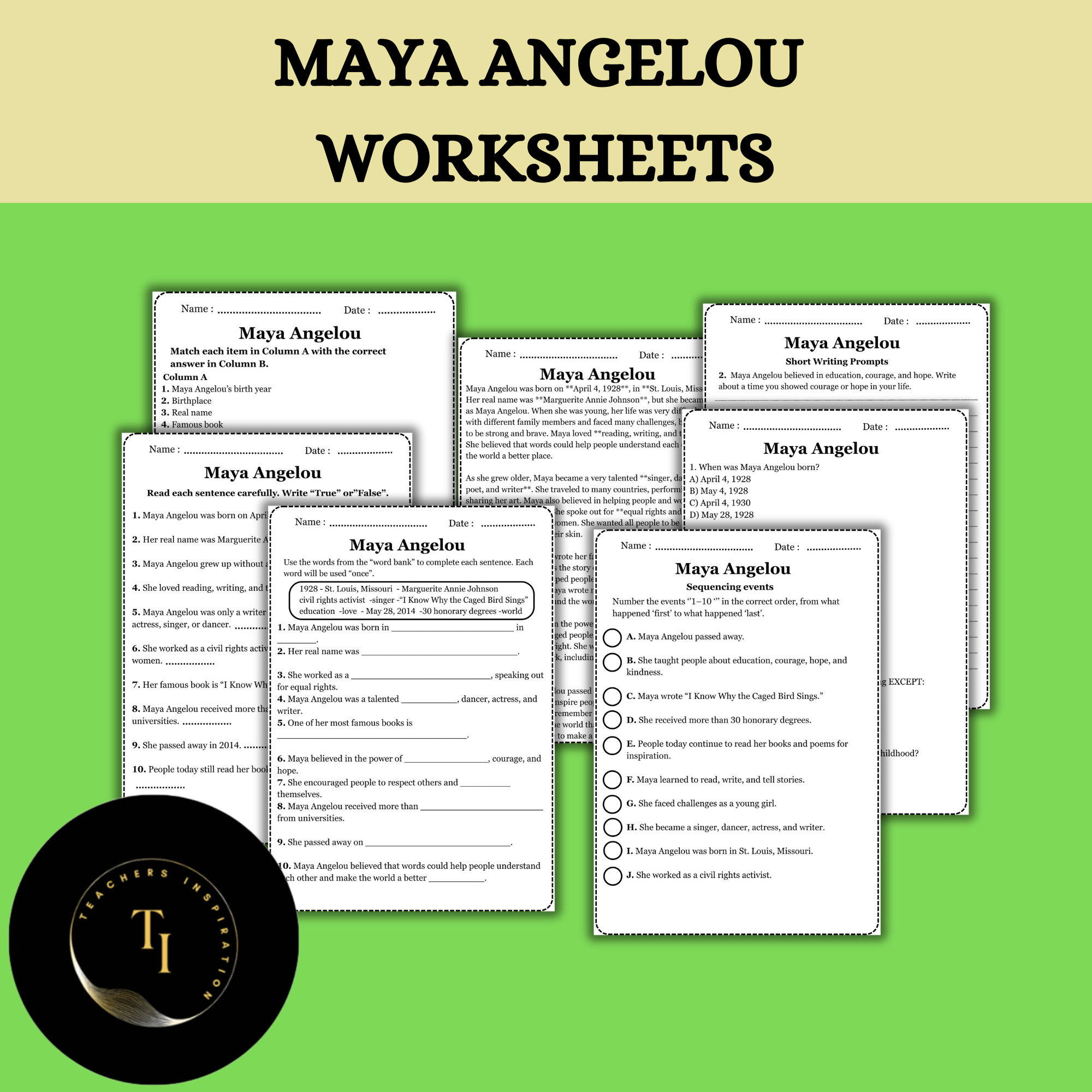 Maya Angelou Worksheets | 4th Grade Reading Comprehension |Black history month