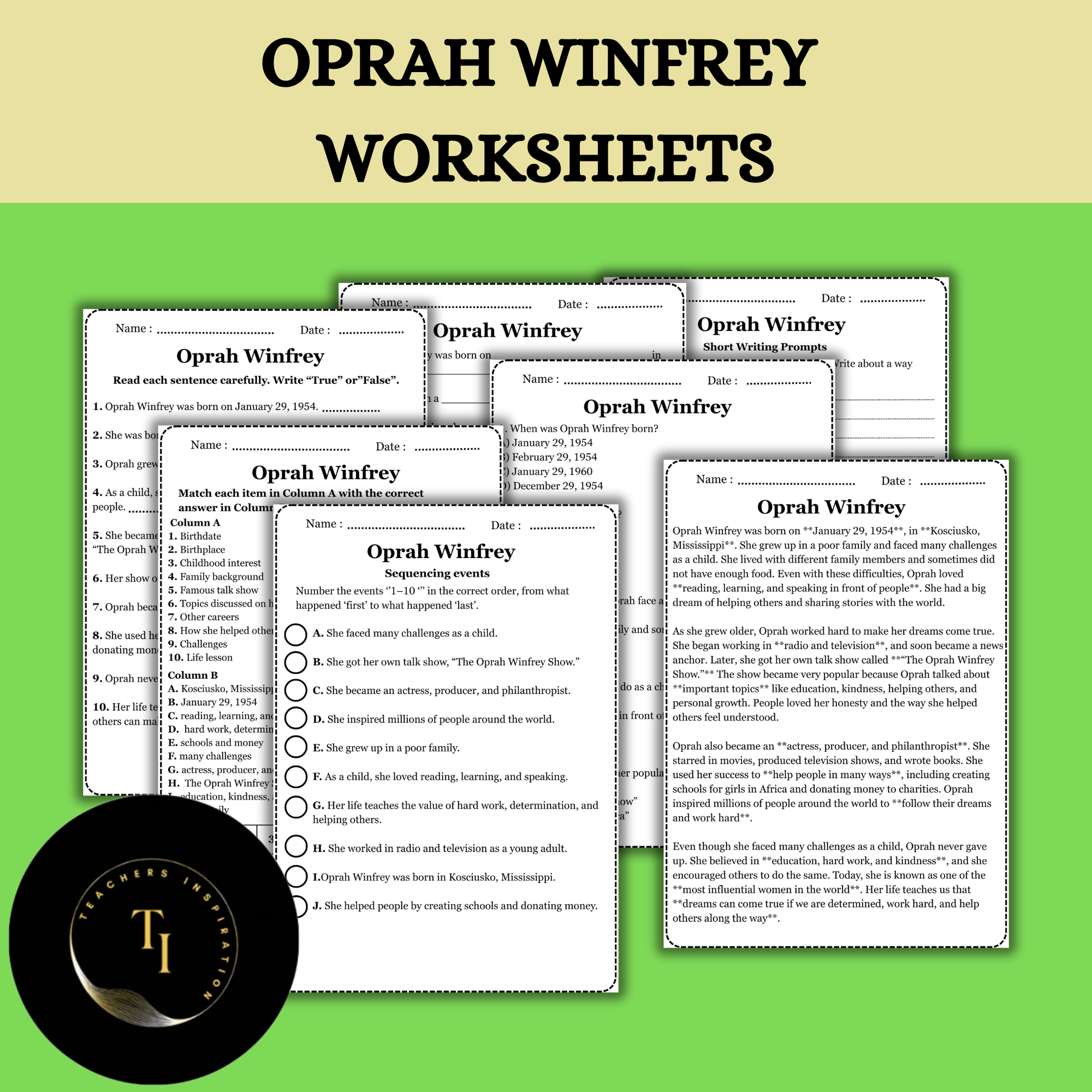 Oprah Winfrey Reading Worksheets | 4th Grade Biography Activities | black history month
