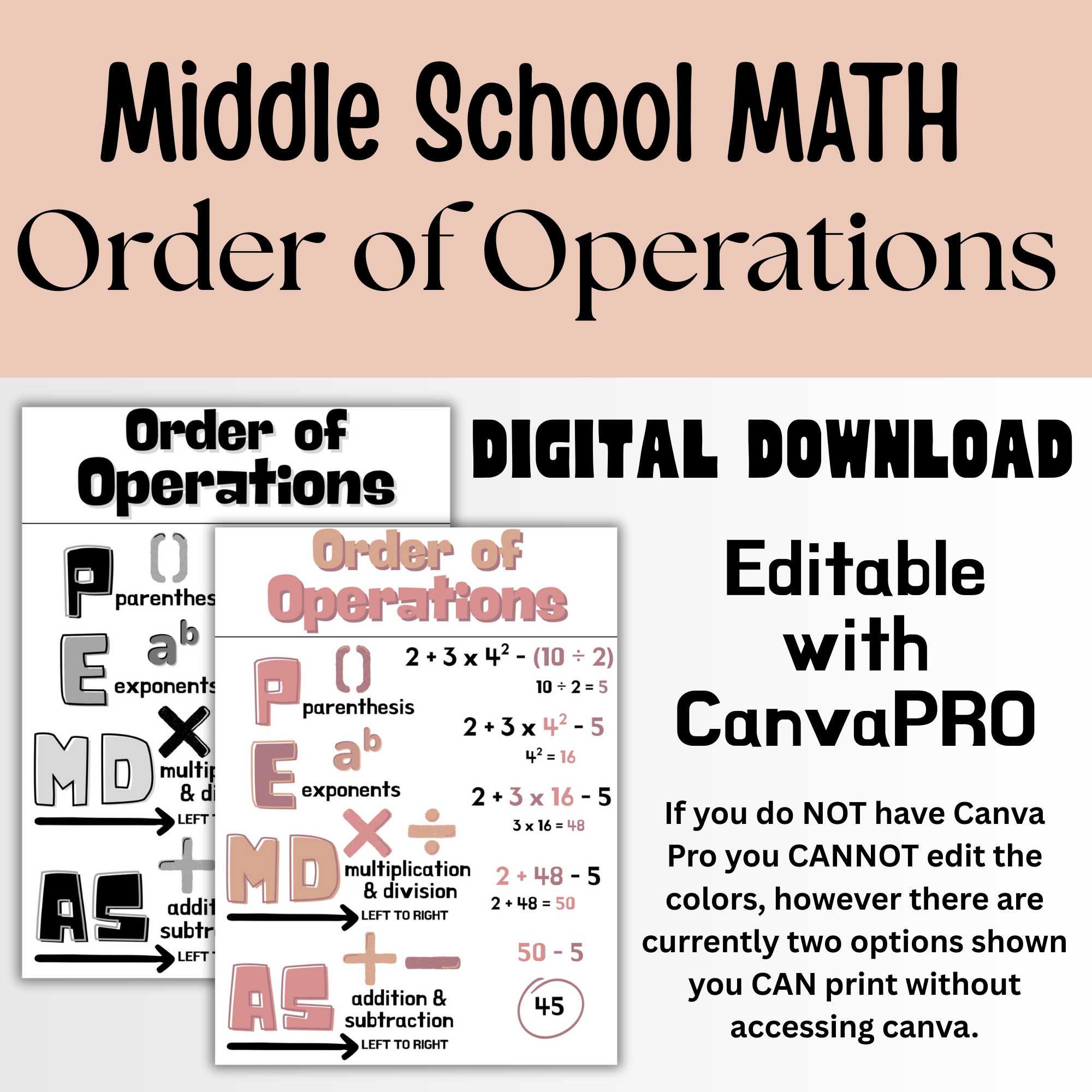 Order of Operations PEMDAS Middle School Math Anchor Chart Poster