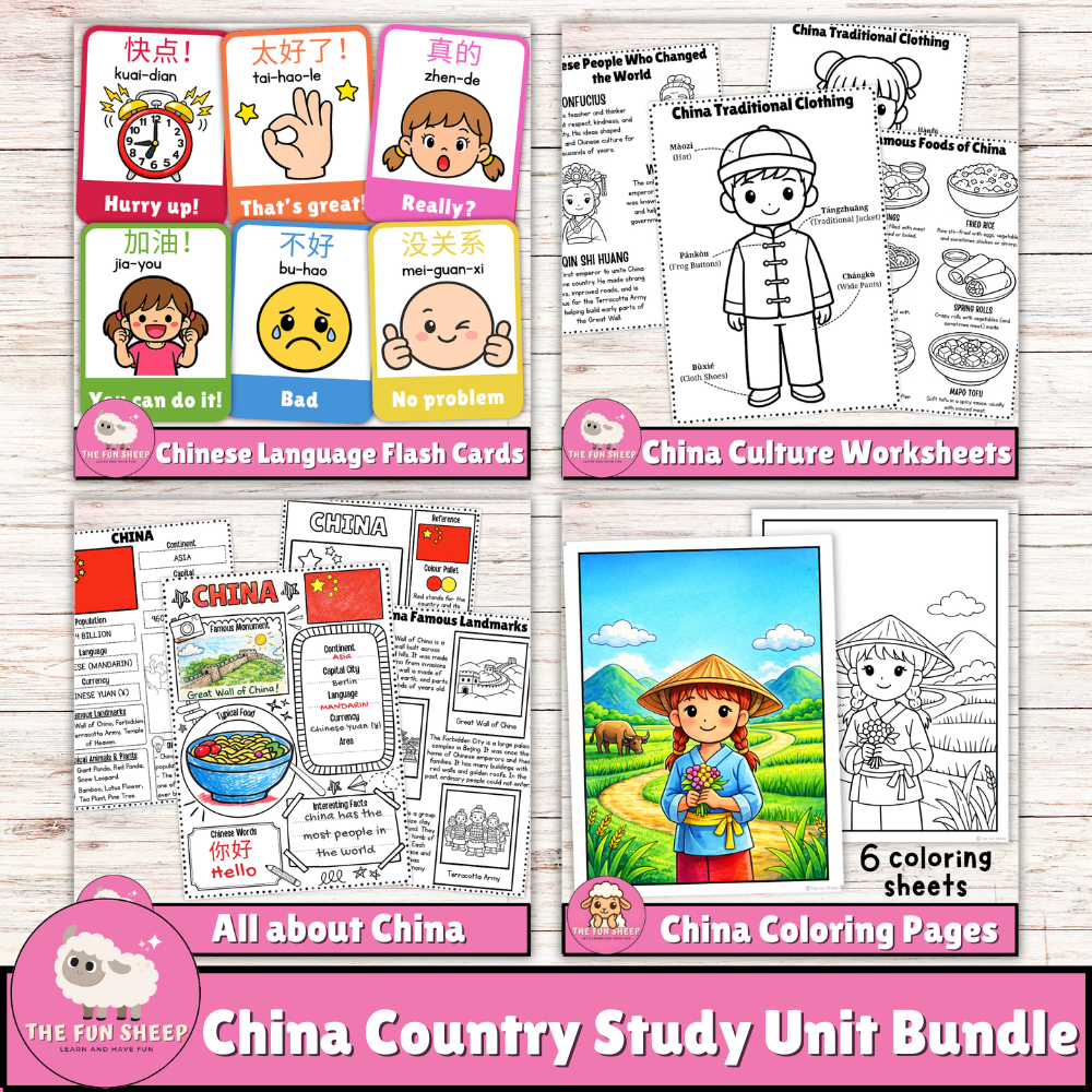 China Country Study Unit Bundle Worksheets, Culture, Language & Coloring Pages