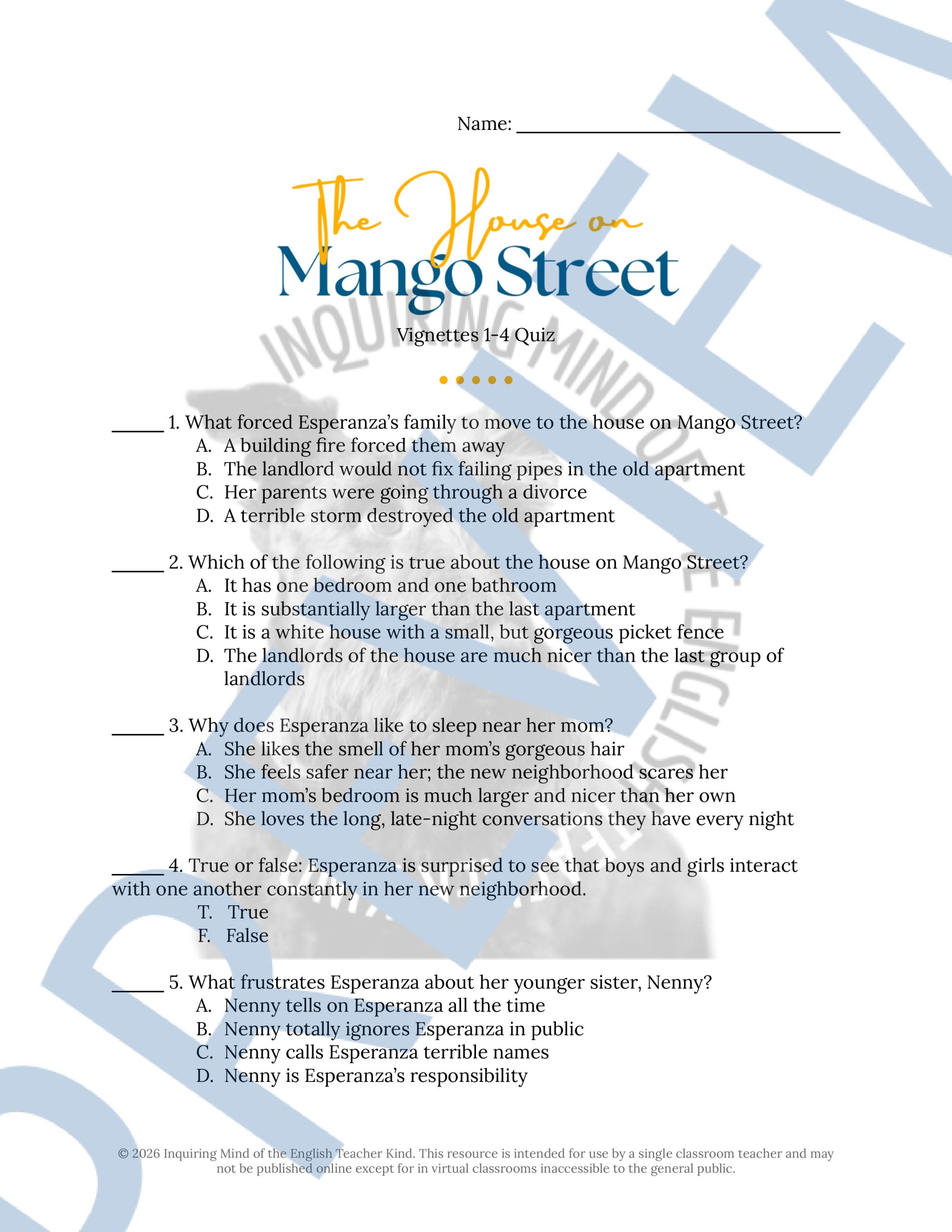 House on Mango Street Quiz and Answer Key Bundle - Made By Teachers