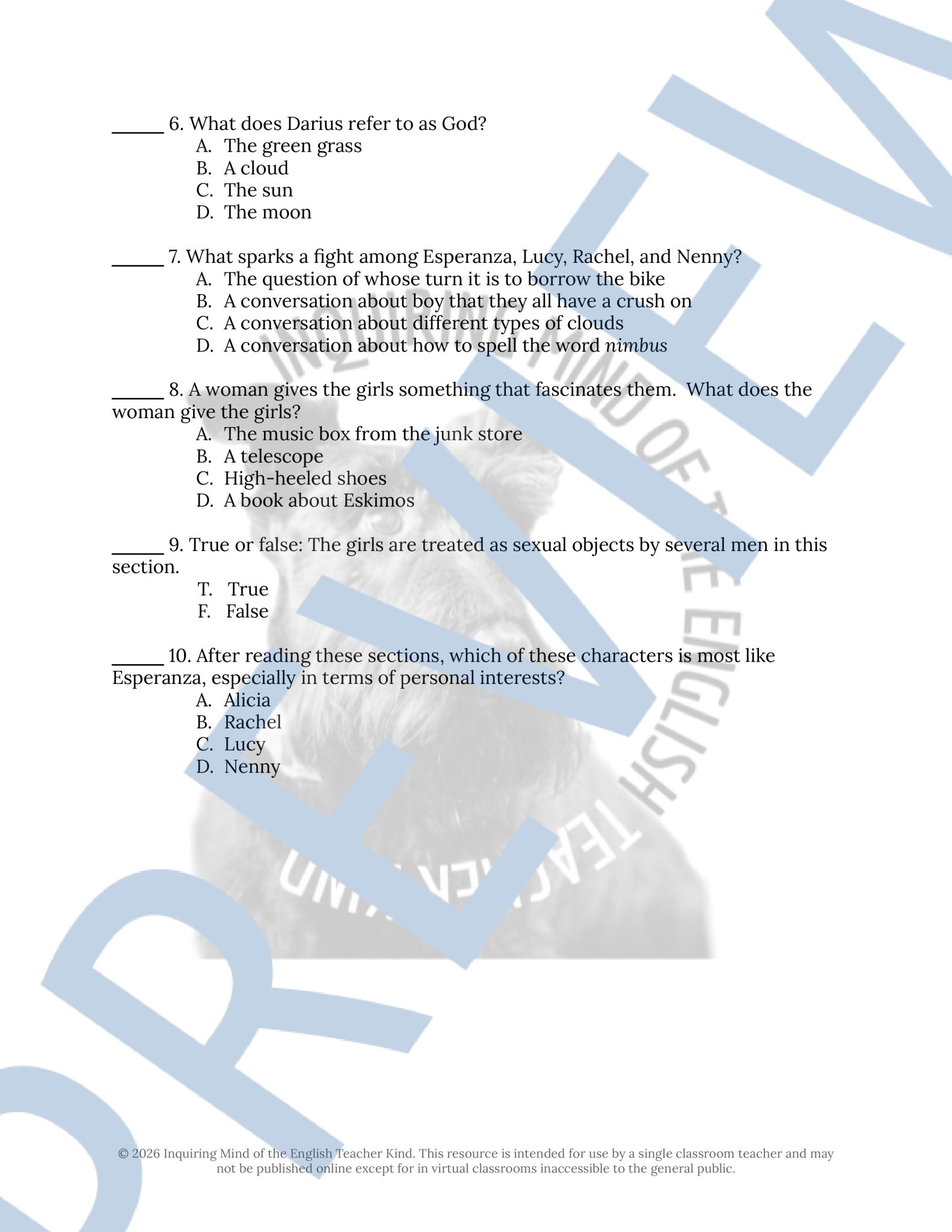 House on Mango Street Quiz and Answer Key Bundle | Made By Teachers