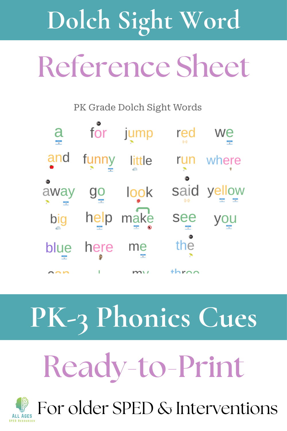 Dolch Sight Words Reference with Phonics Cues & Visual Prompts