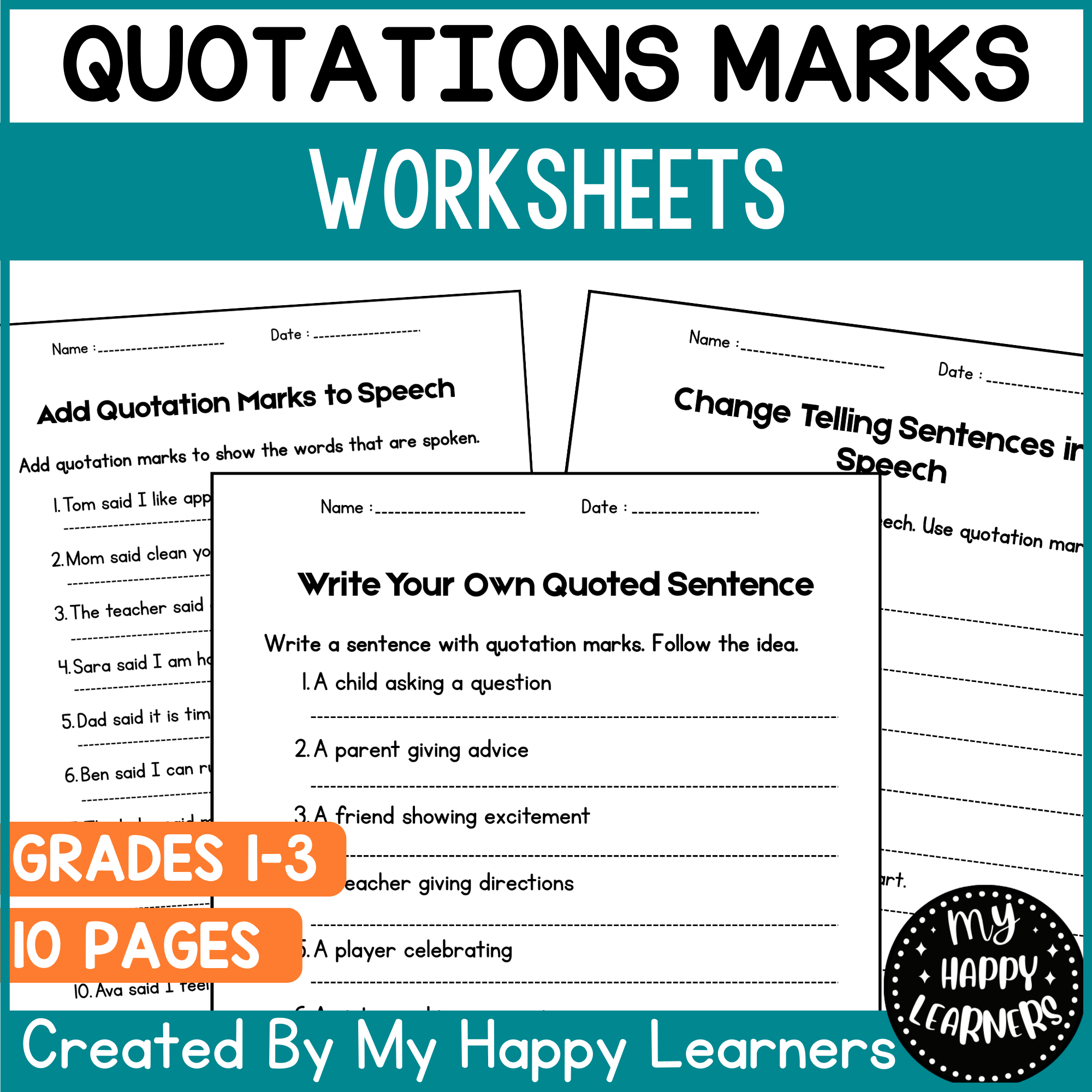 Quotation Marks Worksheets - Grammar Practice for 1st 2nd 3rd Grade