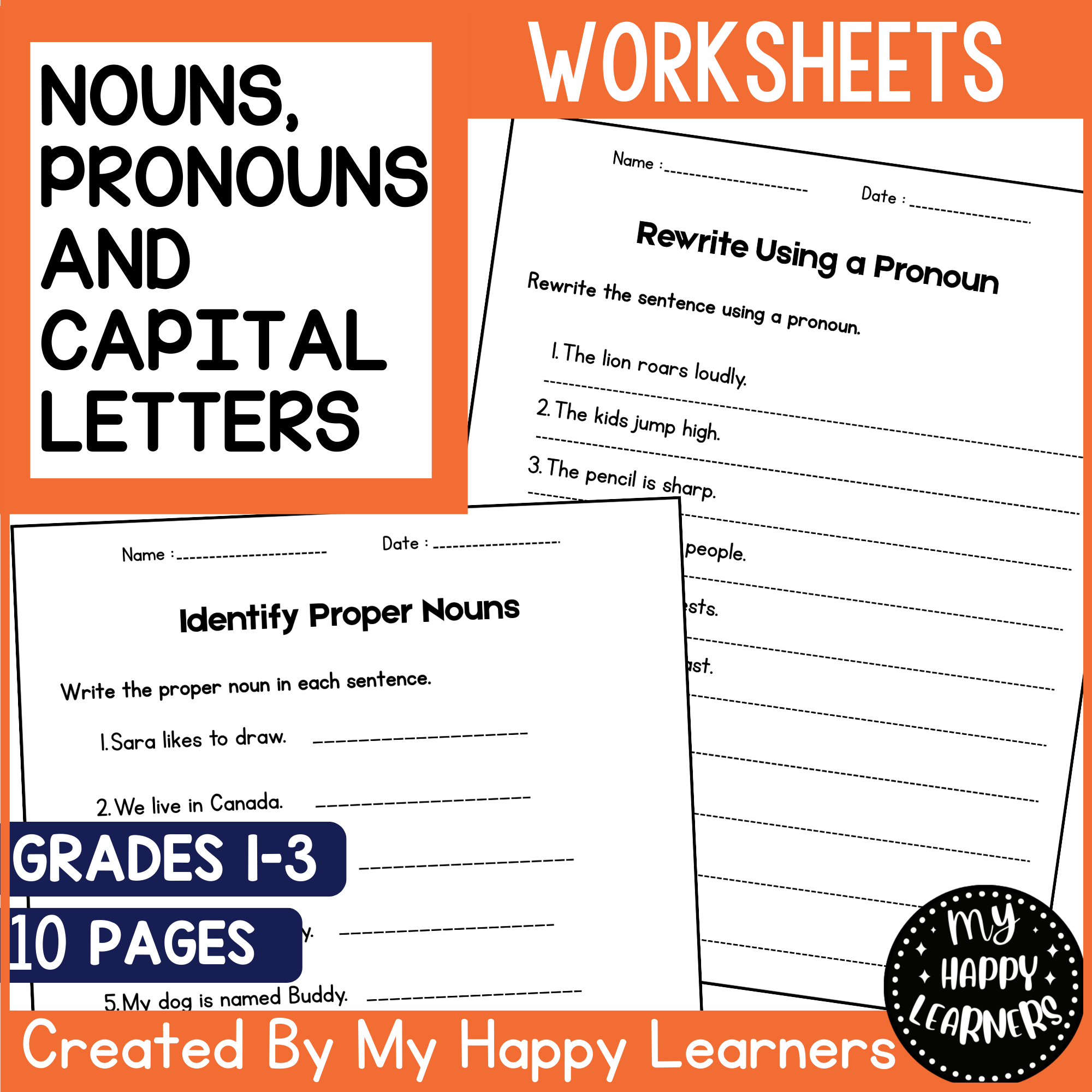 Nouns and Pronouns Worksheets - Grammar Activities for 1st 2nd 3rd Grade