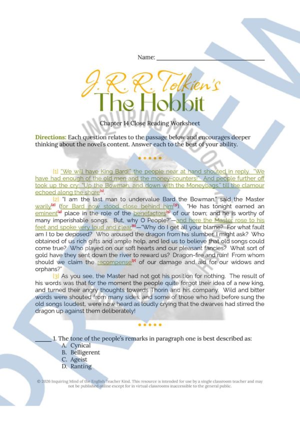 The Hobbit Chapter 14 Close Reading Analysis Worksheet for High School ...