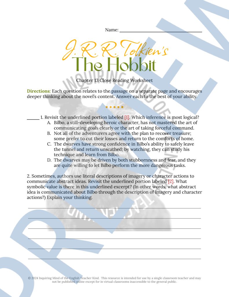 The Hobbit Chapter 13 Close Reading Analysis Worksheet for High School ...