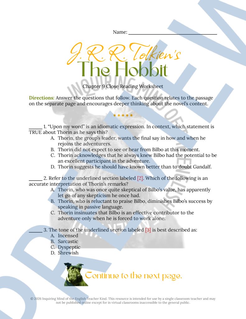 The Hobbit Chapter 9 Close Reading Analysis Worksheet - Made By Teachers