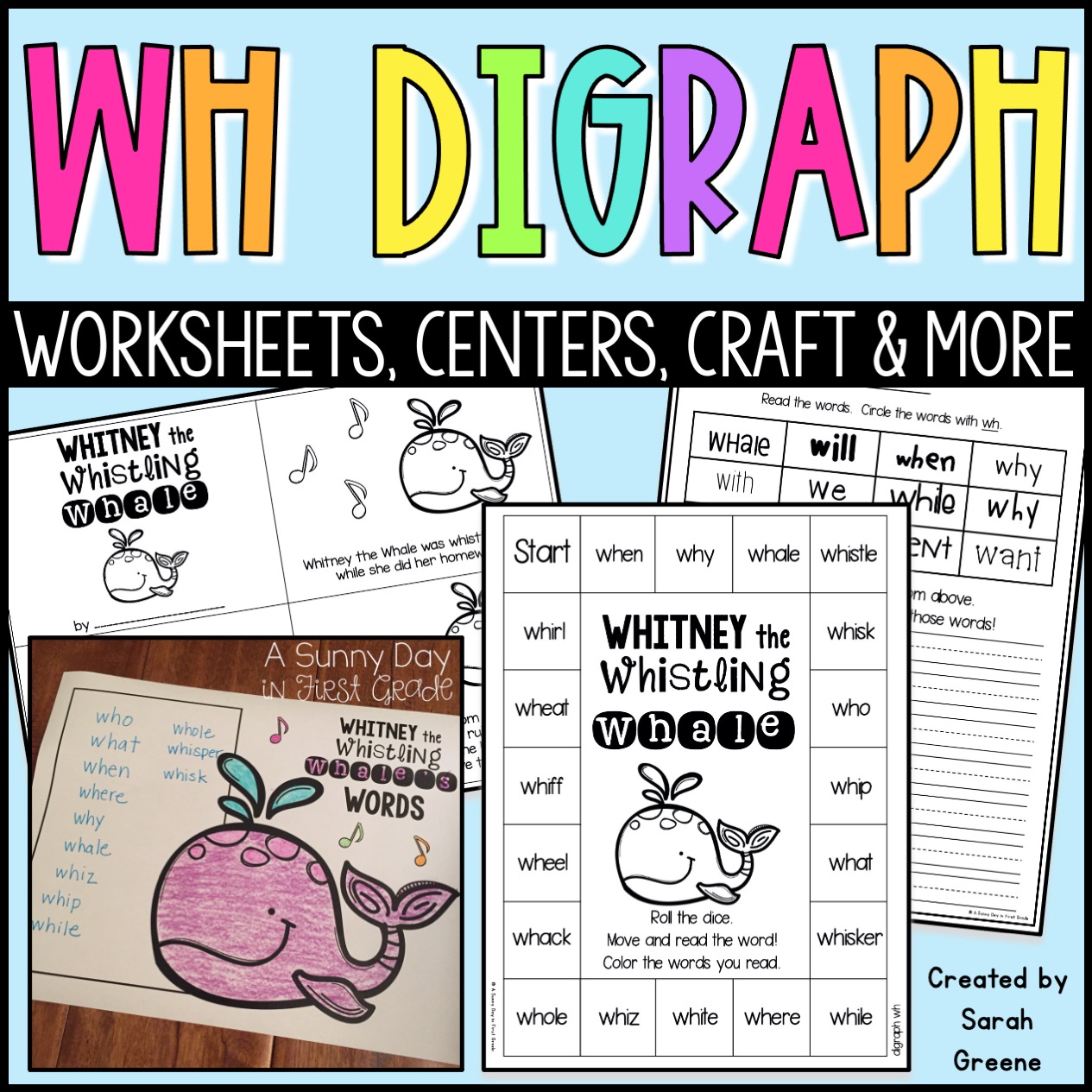WH Digraph Printables, Centers & Games with Whitney the Whistling Whale