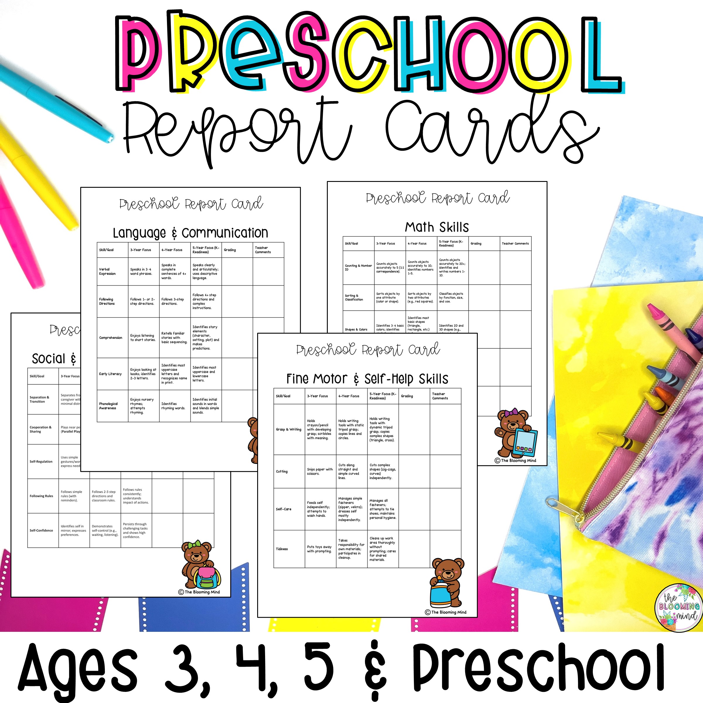 Preschool Report Cards for Three Four and Five Year Olds