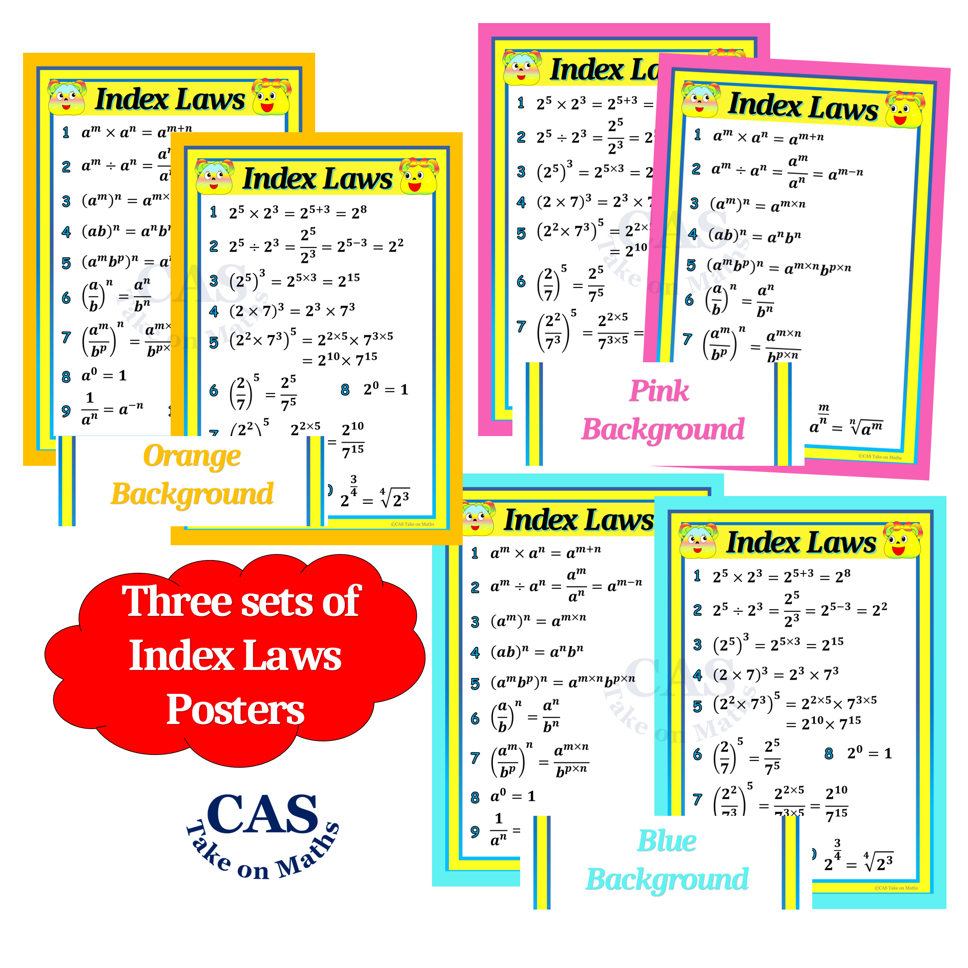 Algebra Index Laws Posters & Pocket Card Set-Colourful Maths Classroom Printable