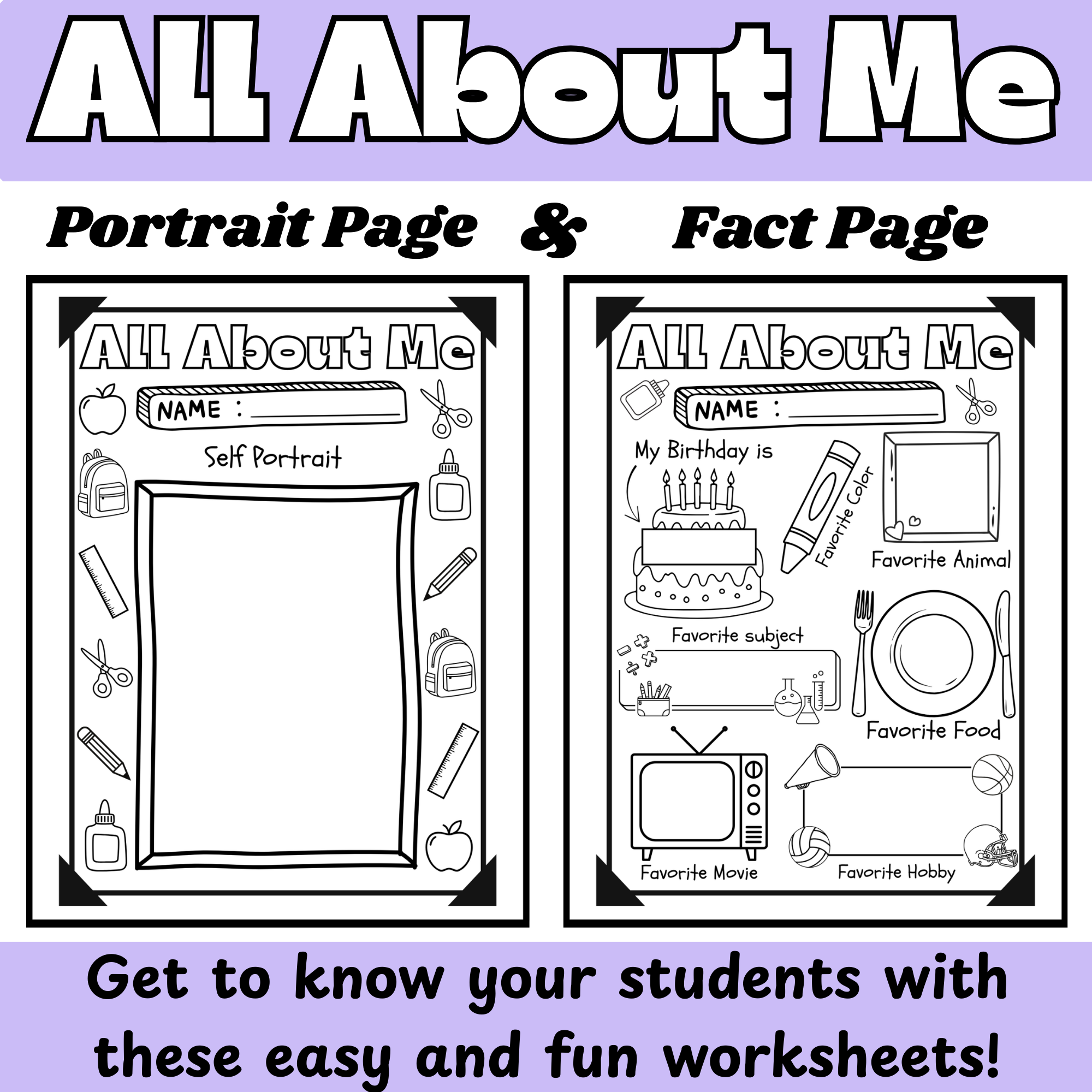 All About Me & Self Portrait - Get to know your Student Worksheet