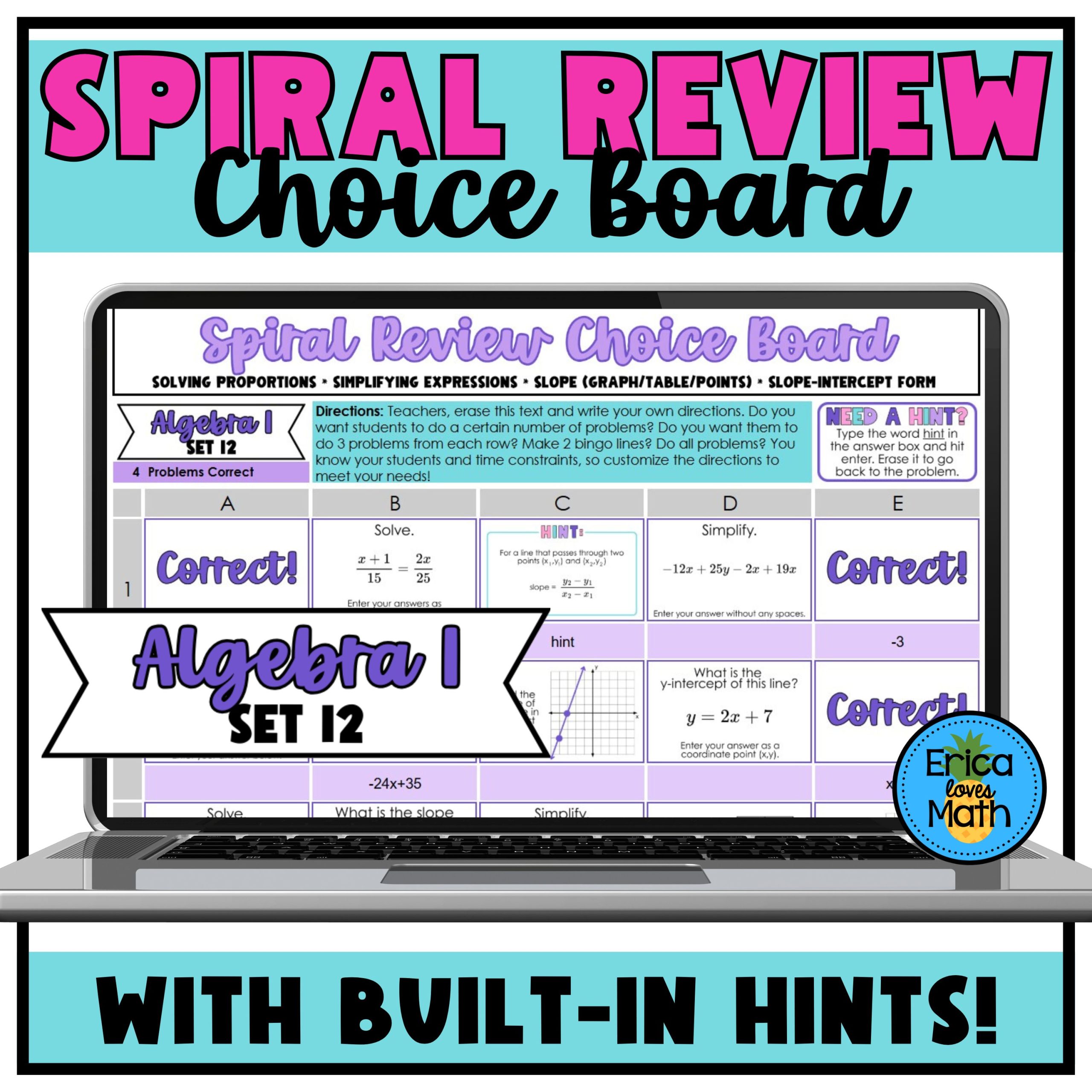 Algebra 1 Spiral Review Sub Plan | Digital Choice Board Activity (Set 12)