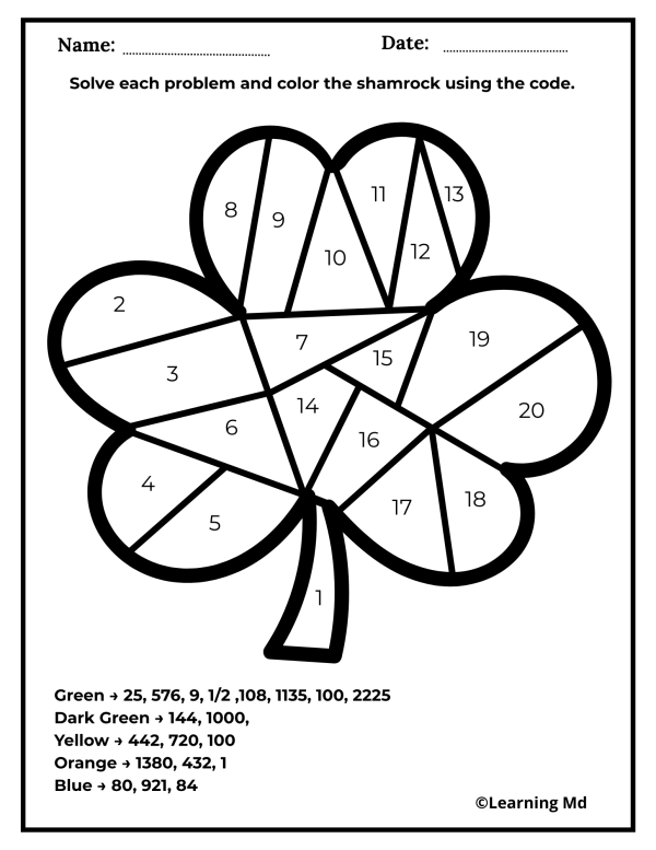 St. Patrick’s Day Math Color by Code | 5th Grade Math Review Activity ...