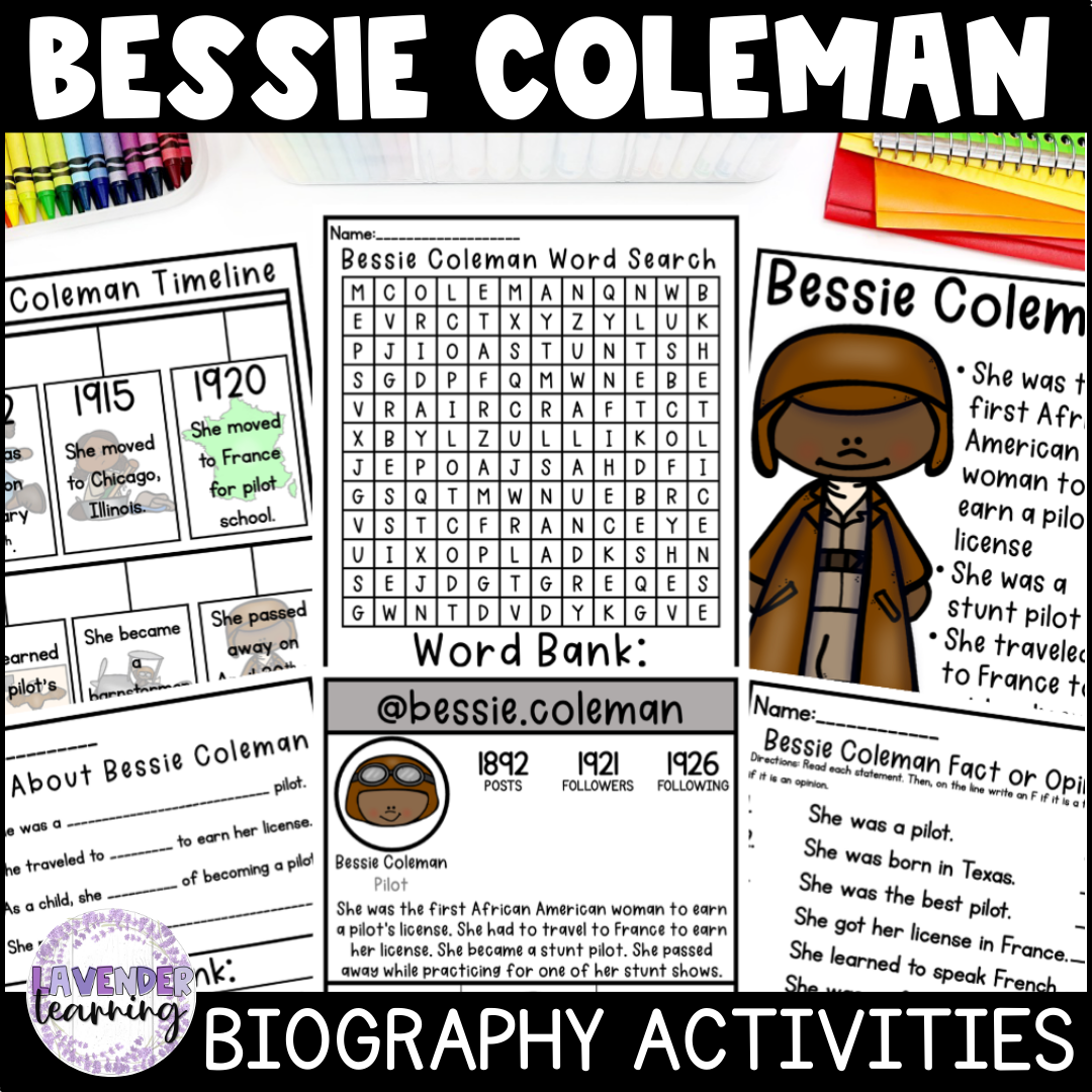 Bessie Coleman Biography Activities - Black History Month - Womens History Month