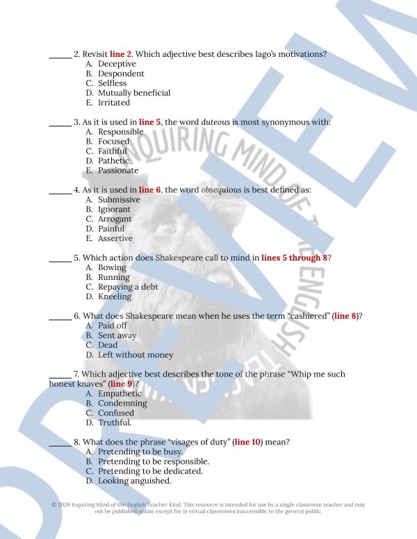 Othello Act 1 Scene 1 Close Reading Analysis Worksheet and Answer Key ...
