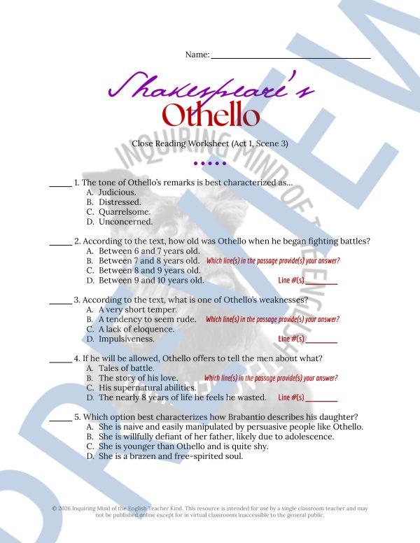 Othello Act 1 Scene 3 Close Reading Analysis Worksheet and Answer Key ...