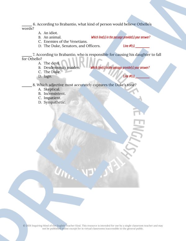 Othello Act 1 Scene 3 Close Reading Analysis Worksheet and Answer Key ...
