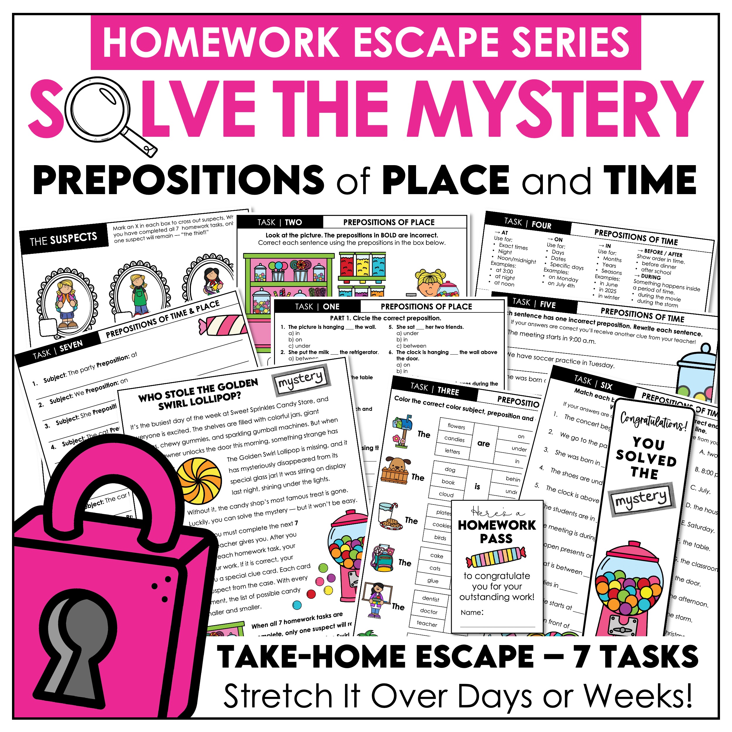 Prepositions of Time and Place Escape Room | Solve the Mystery Homework Activity