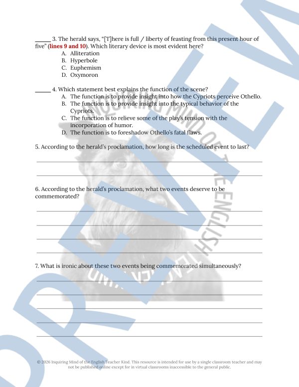 Othello Act 2 Scene 2 Close Reading Analysis Worksheet and Answer Key ...