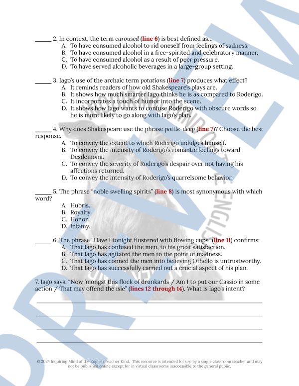 Othello Act 2 Scene 3 Close Reading Analysis Worksheet and Answer Key ...