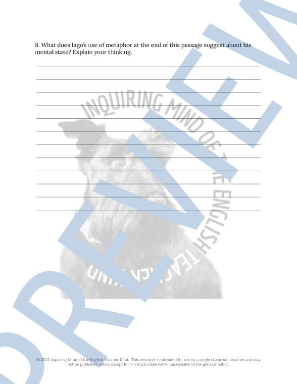 Othello Act 2 Scene 3 Close Reading Analysis Worksheet and Answer Key ...