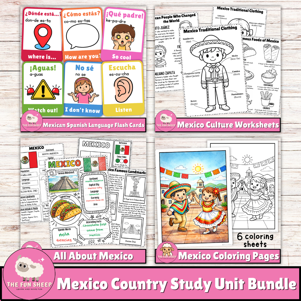 Mexico Country Study Unit Bundle Country Research Coloring Pages & Spanish Cards