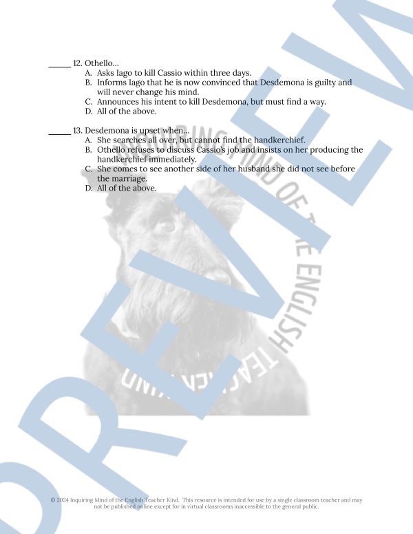 Othello Act 3 Quiz and Answer Key for High School - Made By Teachers