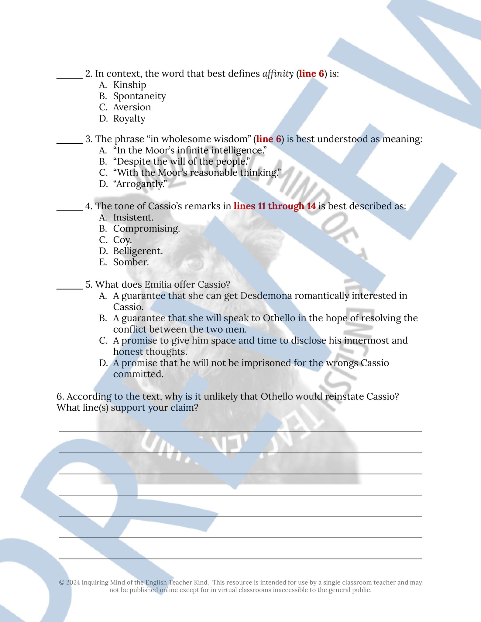 Othello Act 3 Scene 1 Close Reading Analysis Worksheet and Answer Key ...