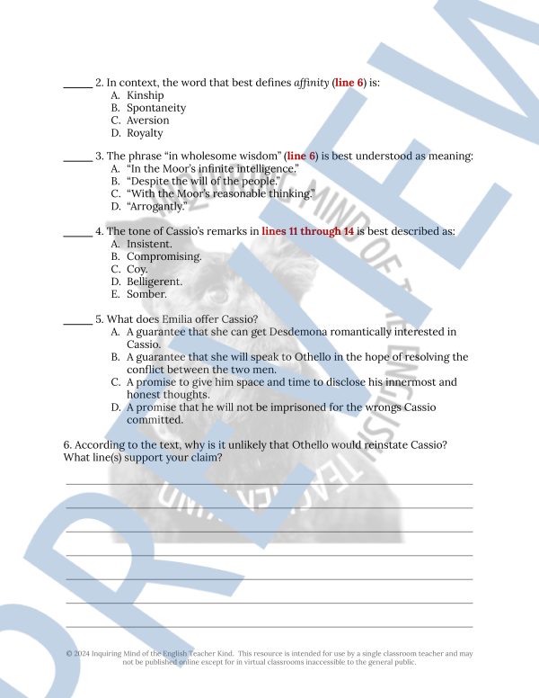 Othello Act 3 Scene 1 Close Reading Analysis Worksheet and Answer Key ...
