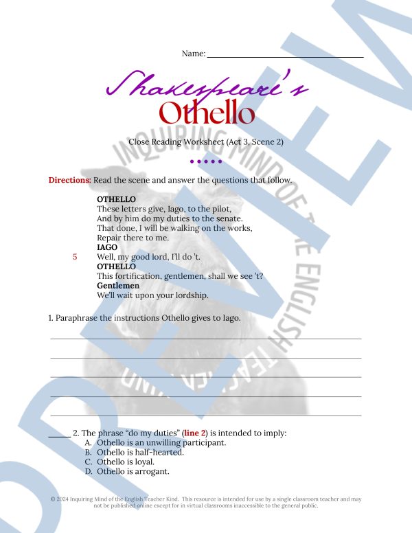 Othello Act 3 Scene 2 Close Reading Analysis Worksheet and Answer Key ...