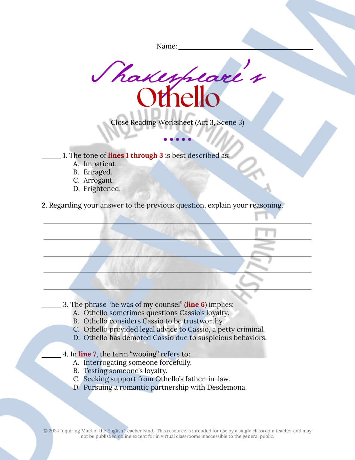 Othello Act 3 Scene 3 Close Reading Analysis Worksheet and Answer Key ...