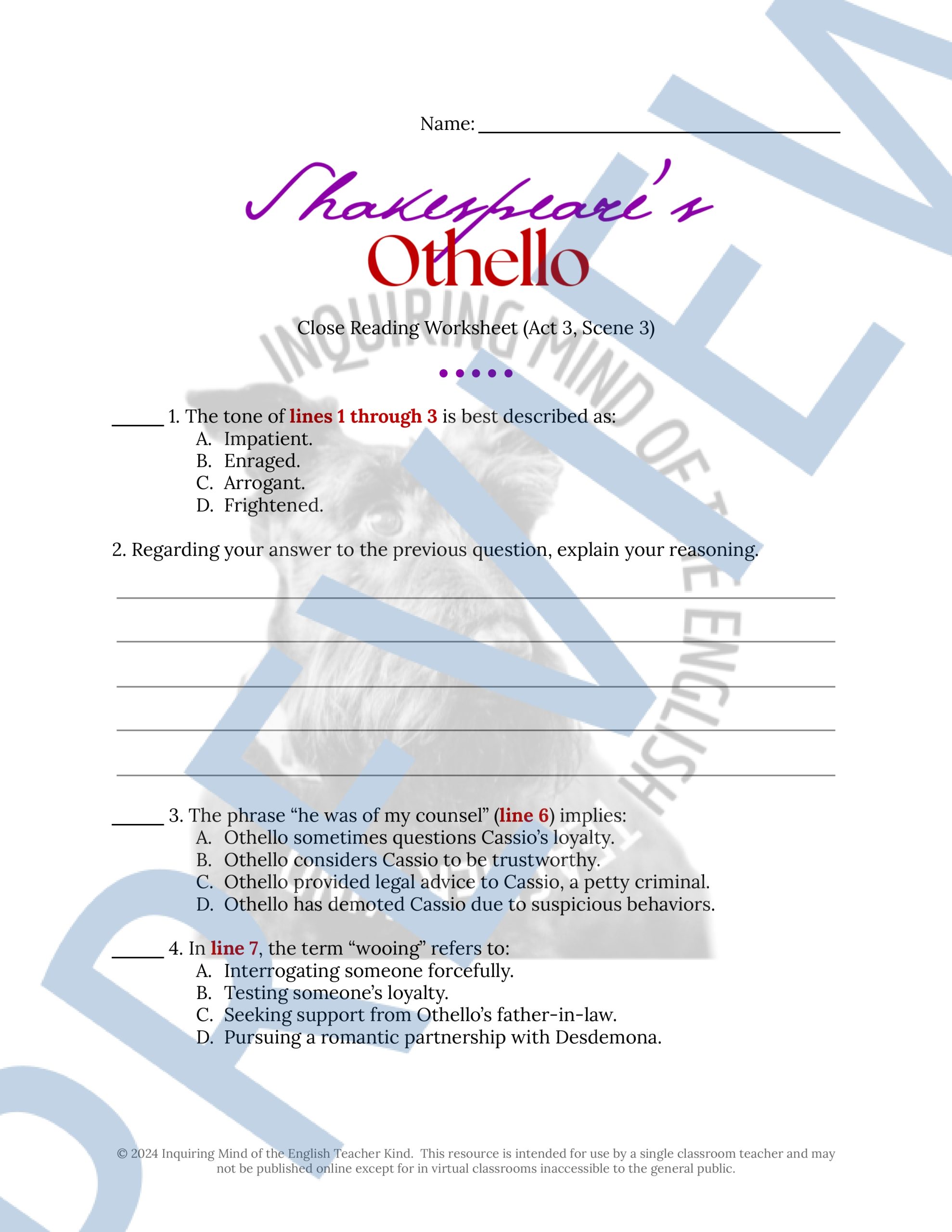 Othello Act 3 Scene 3 Close Reading Analysis Worksheet and Answer Key ...