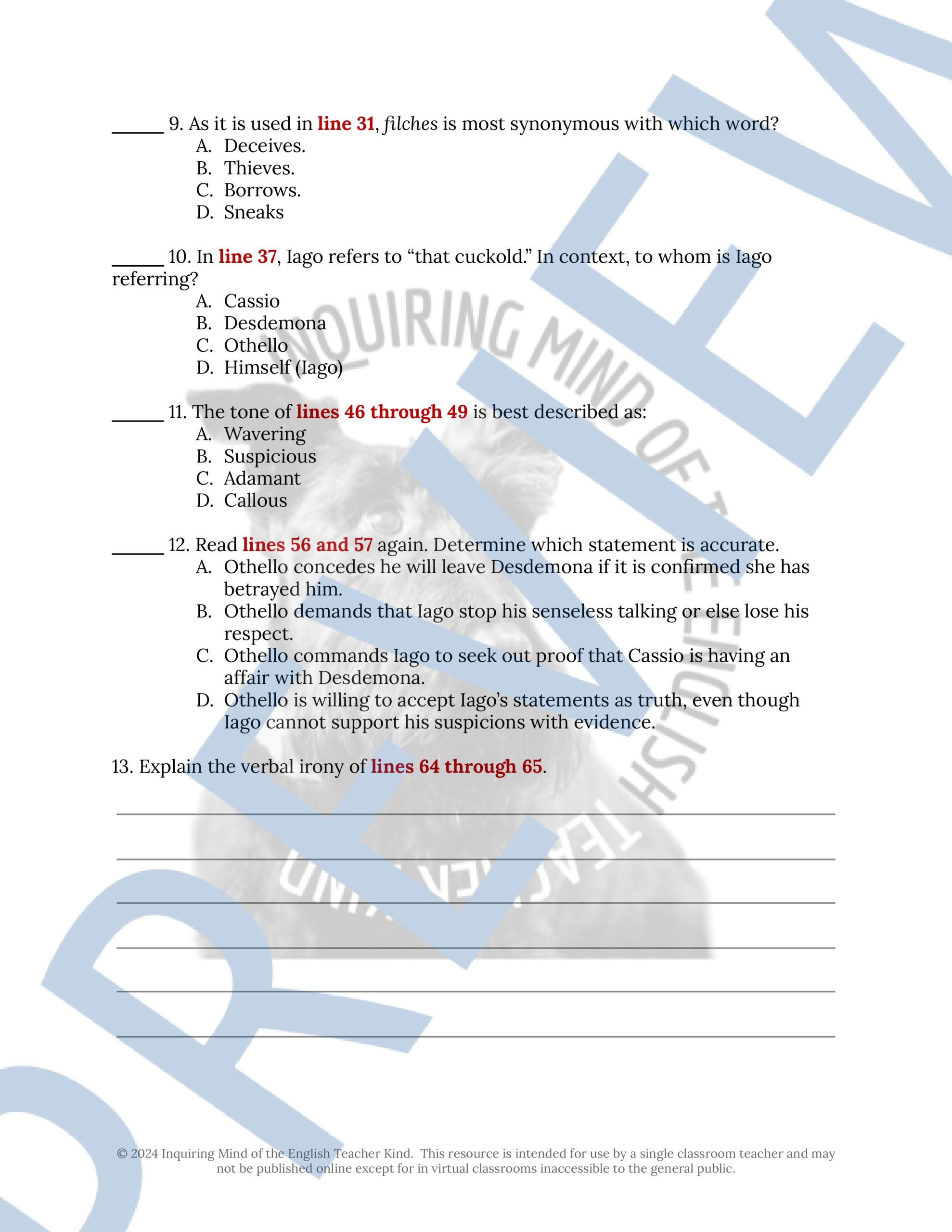 Othello Act 3 Quiz, Close Reading Analysis Worksheets, and Vocabulary ...