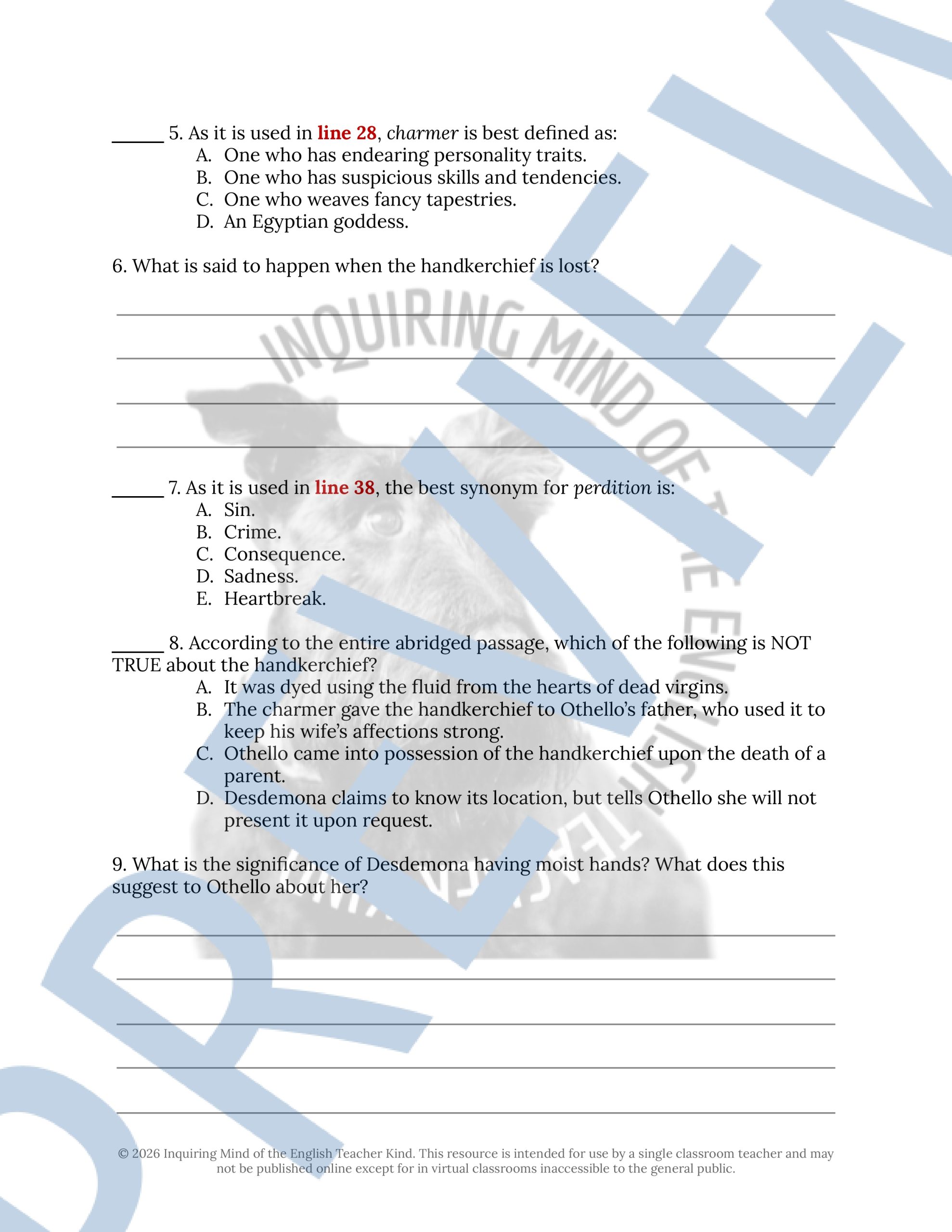 Othello Act 3 Quiz, Close Reading Analysis Worksheets, and Vocabulary ...