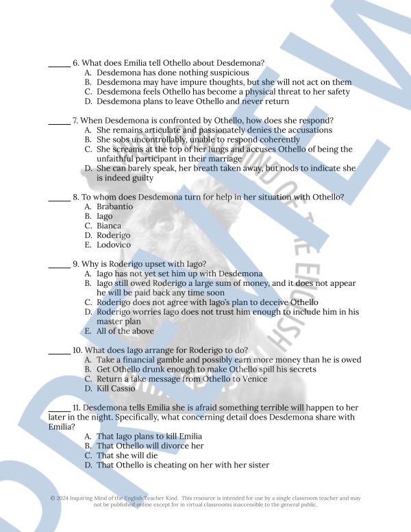 Othello Act 4 Quiz and Answer Key for High School - Made By Teachers