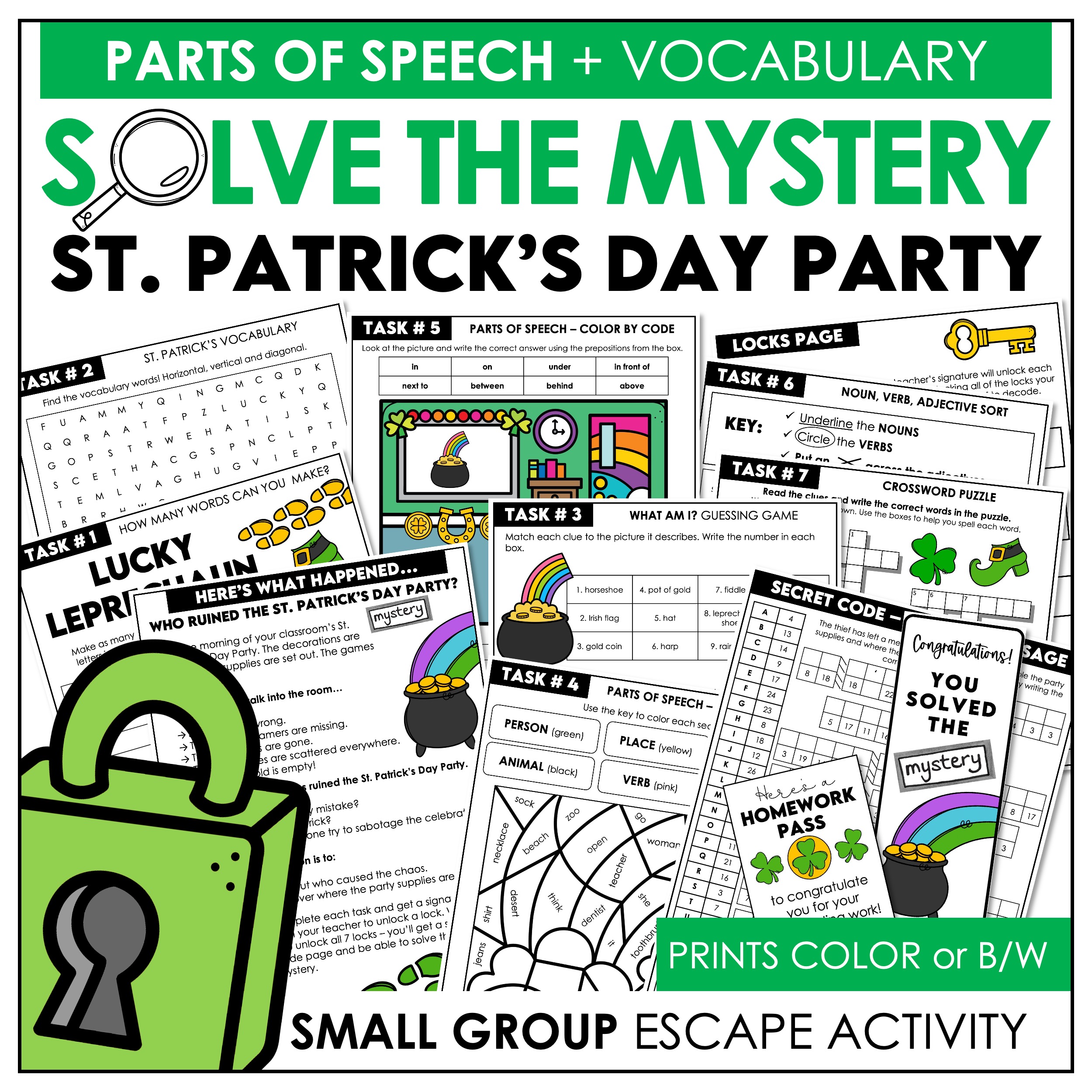 Parts of Speech - St. Patrick's Day Escape Room - Solve the Mystery Activity