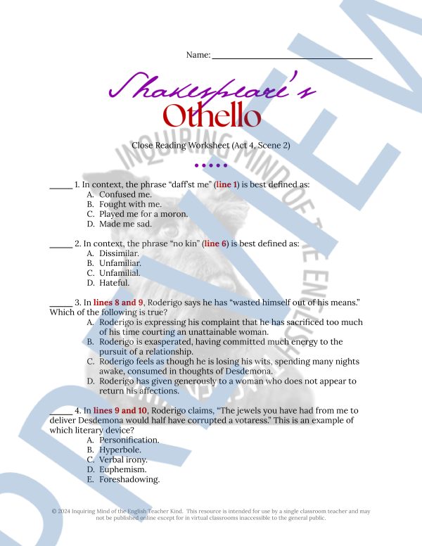 Othello Act 4 Scene 2 Close Reading Analysis Worksheet and Answer Key ...