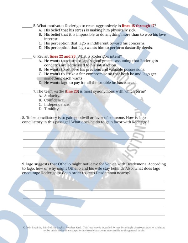 Othello Act 4 Scene 2 Close Reading Analysis Worksheet and Answer Key ...