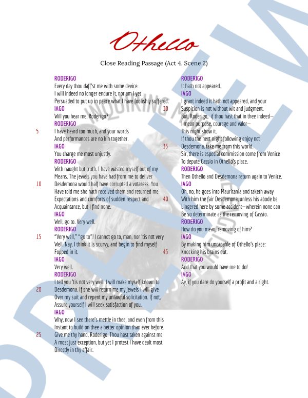 Othello Act 4 Scene 2 Close Reading Analysis Worksheet and Answer Key ...