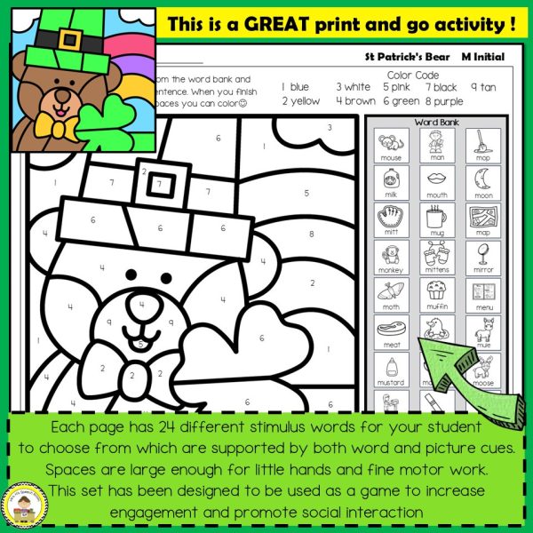 No Prep St Patrick's Day Speech Therapy Articulation Color By Code or ...