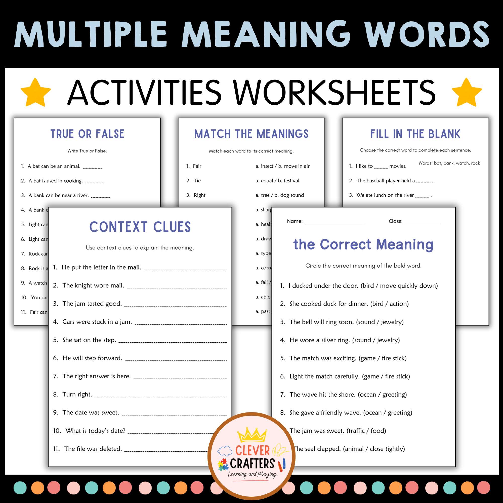 Multiple Meaning Words Practice Worksheets and Activities for Grade 3, 4, 5