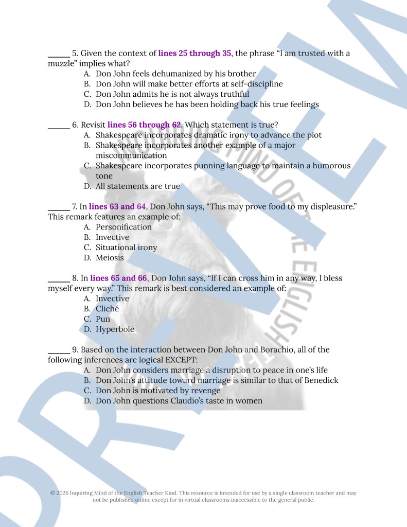 Much Ado About Nothing Act 1 Scene 3 Close Reading Analysis Worksheet ...