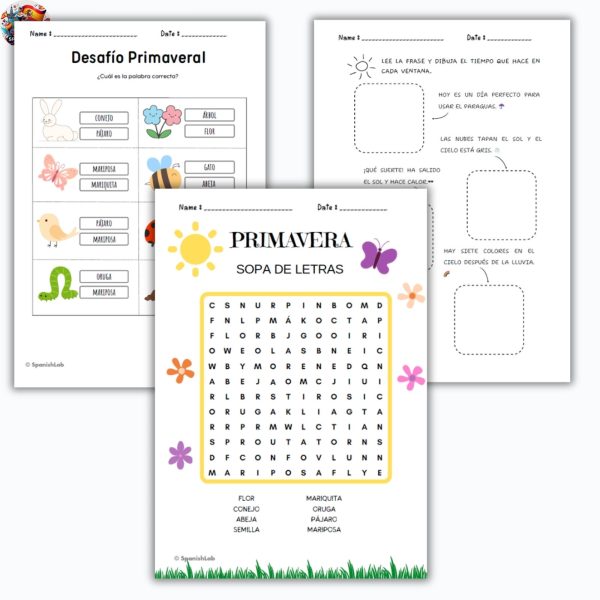 Spanish Spring Worksheet| Primavera Vocabulary Activities for Grades 1 ...
