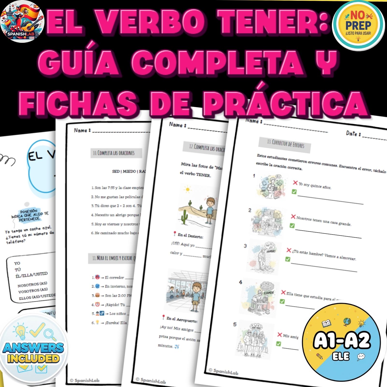Spanish Verb TENER Worksheets A1-A2 | Conjugation,Uses,Expressions,TENER & Estar