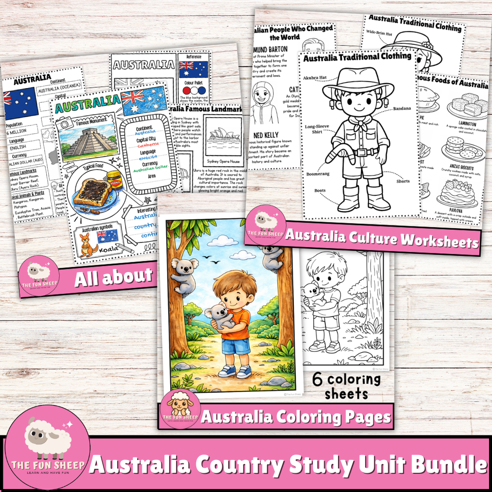 Australia Country Study Unit Bundle Geography, Culture Coloring Pages Worksheets