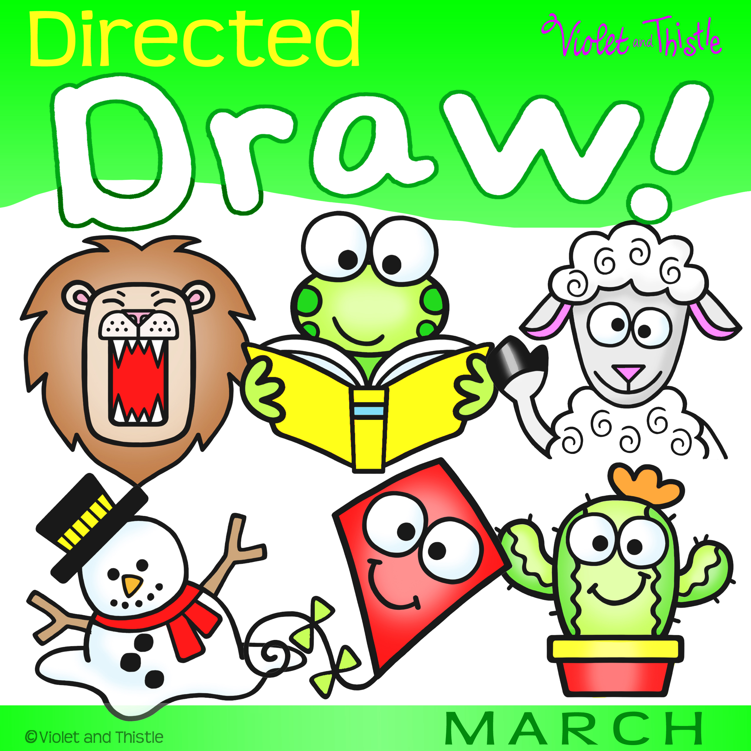 Directed Drawing Spring March Melting Snowman Lion Lamb Kite Frog Learn How to Draw Step by Step