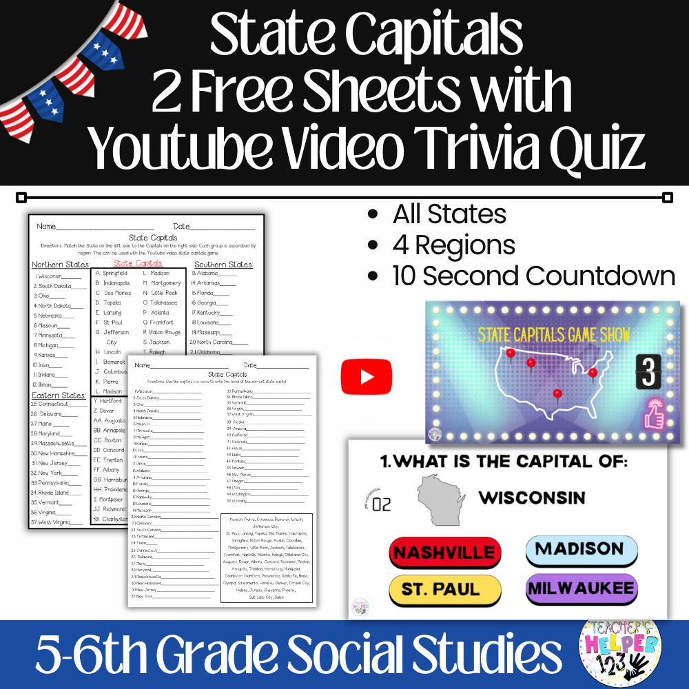 50 States Capitals Worksheet w/ Video Trivia Style | Social Studies 5th-6 Grade