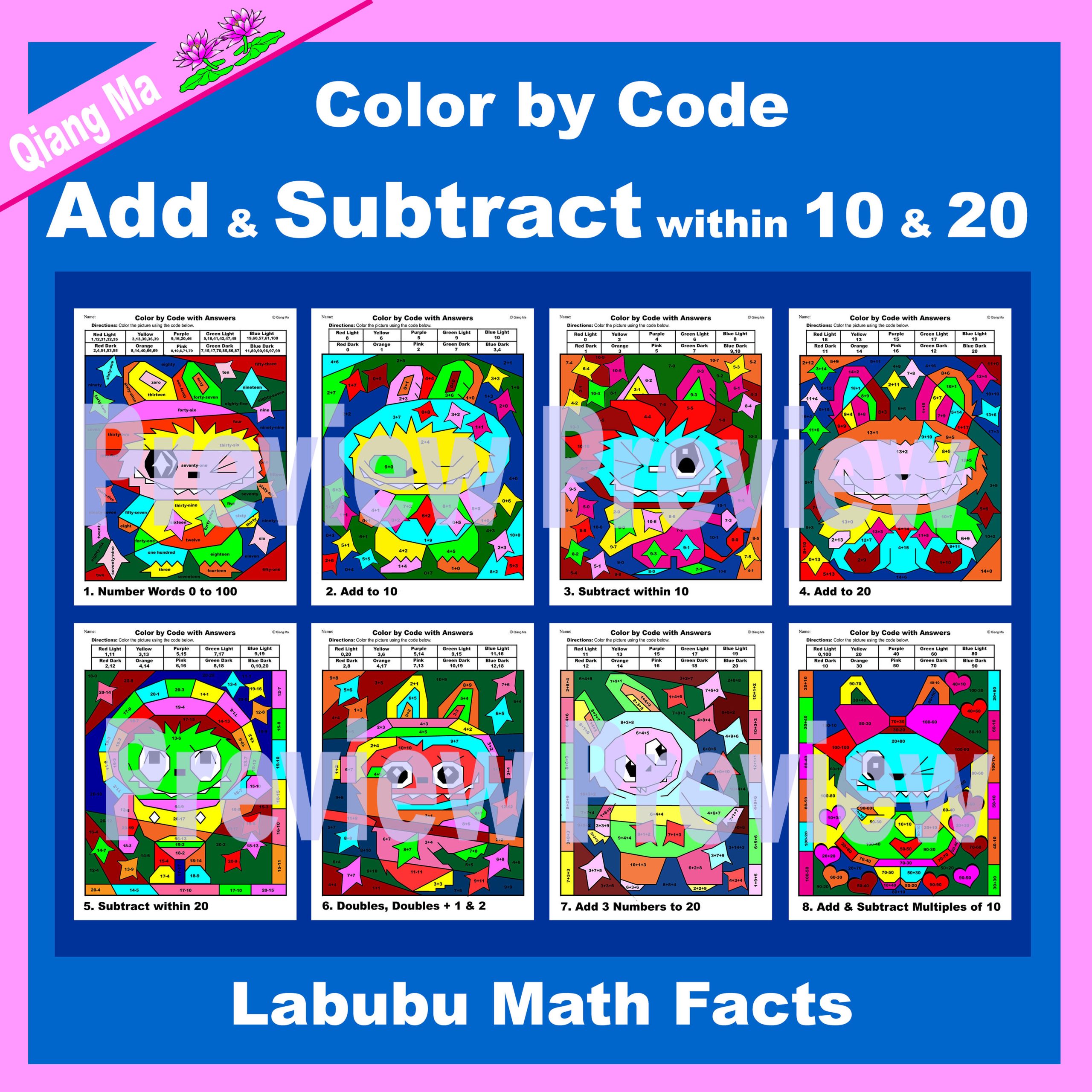 Labubu Color by Code: Add and Subtract within 10 and 20