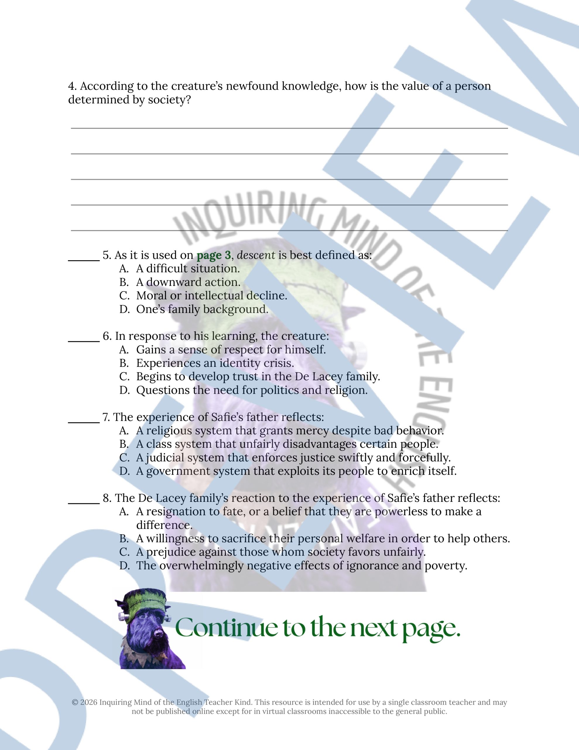 Frankenstein Chapters 13, 14, and 15 Quiz, Close Reading Worksheet, and